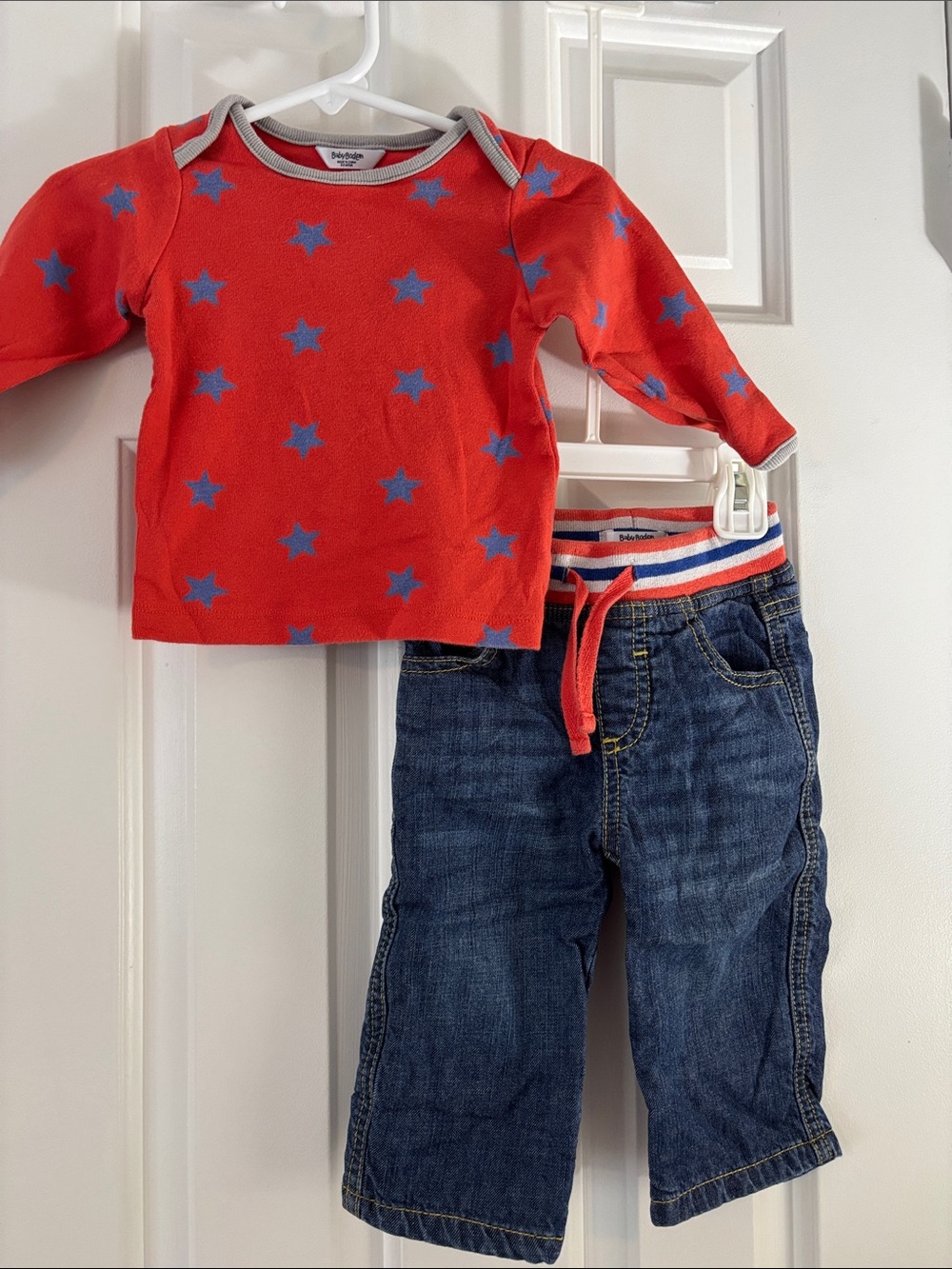 Baby Boden Red Long-Sleeve Tee with Blue Star Accents & Matching Jeans